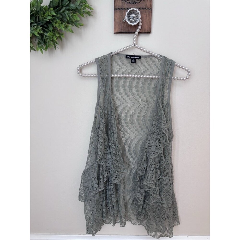 Cha Cha Vente Womens Size M Green Lace Ruffed Cardigan Open Front Fairycore